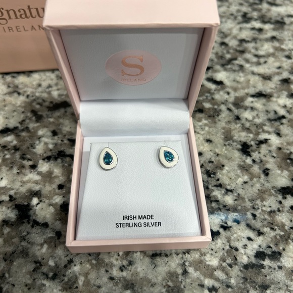 Blue and Silver Stud Earrings with Gemstone Accents - Picture 2 of 4